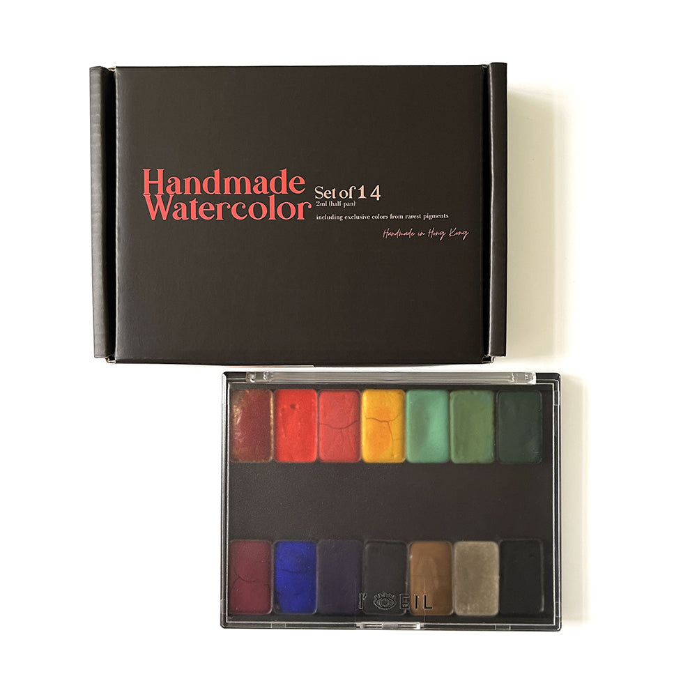 Assorted Basic Set: Handmade Watercolor Paints Set of 14 with Cinnabar, Malachite - Half Pan 2ml L'oeil Loeilart
