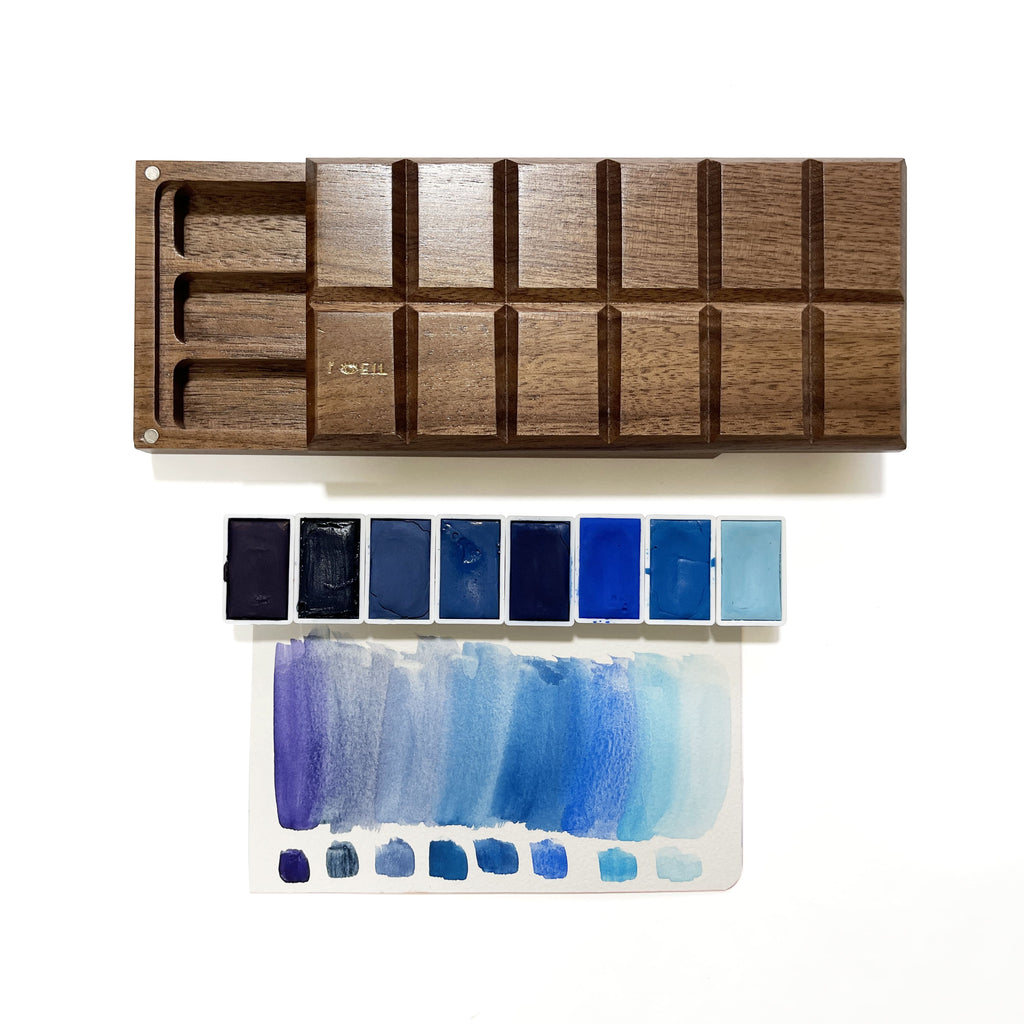 Aqua Midnight: Handmade Watercolor Paints Set of 8 with Egyptian Blue, Han Blue in Wooden Box Case, Full Pan 3.2ml (Blue Palette) L'oeil Loeilart