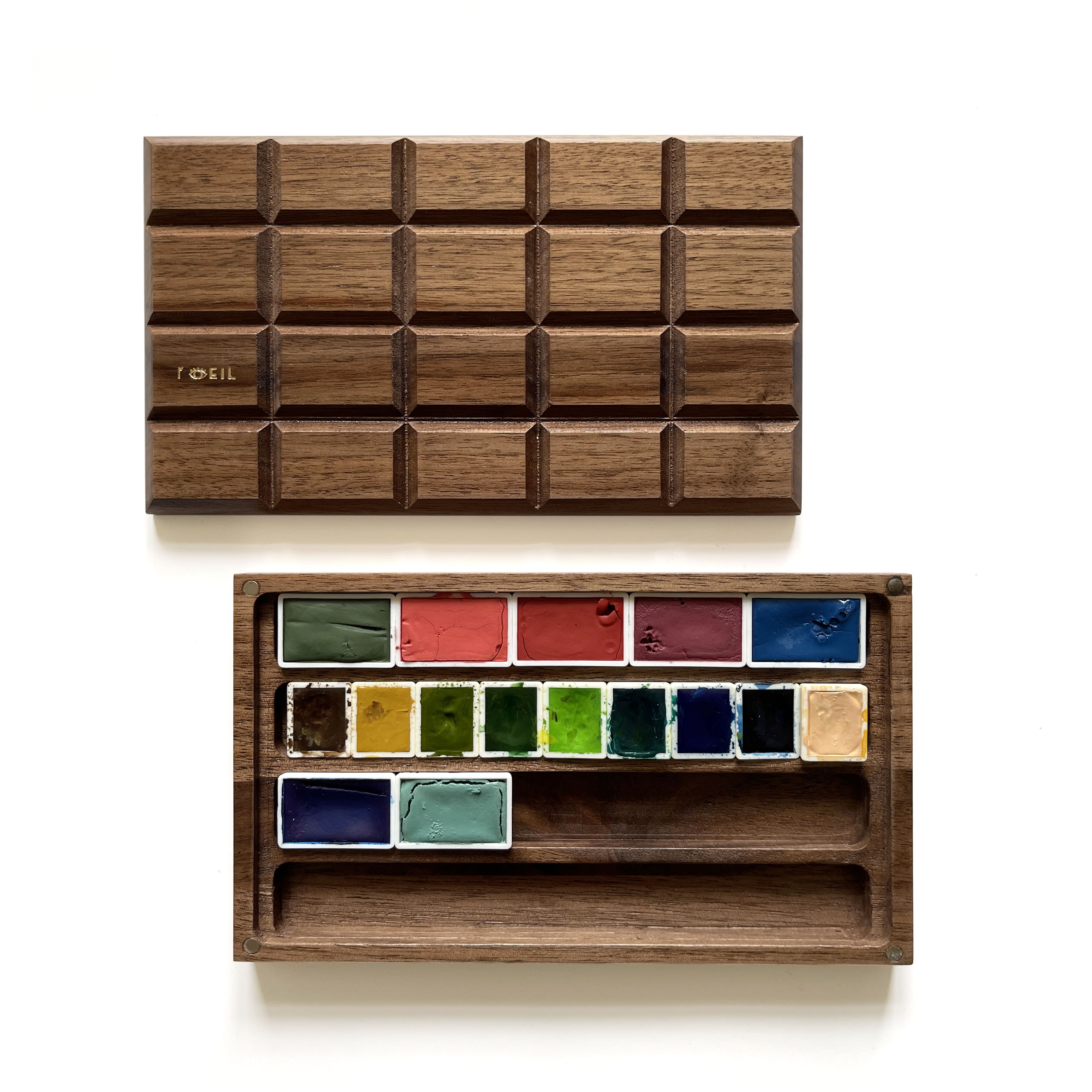Walnut Wood Chocolate Bar Empty Watercolor Wooden Box Palette Case - Big
